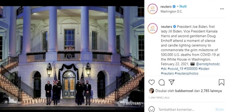 Presiden Joe Biden dan ibu negara Jill Biden, serta Wakil Presiden Kamala Harris dan suami, menghadiri upacara penyalaan lilin, memperingati tonggak suram 500.000 kematian AS akibat COVID-19 di Gedung Putih di Washington, 22 Februari 2021 - dari unggahan akun Instagram Reuters/Repro