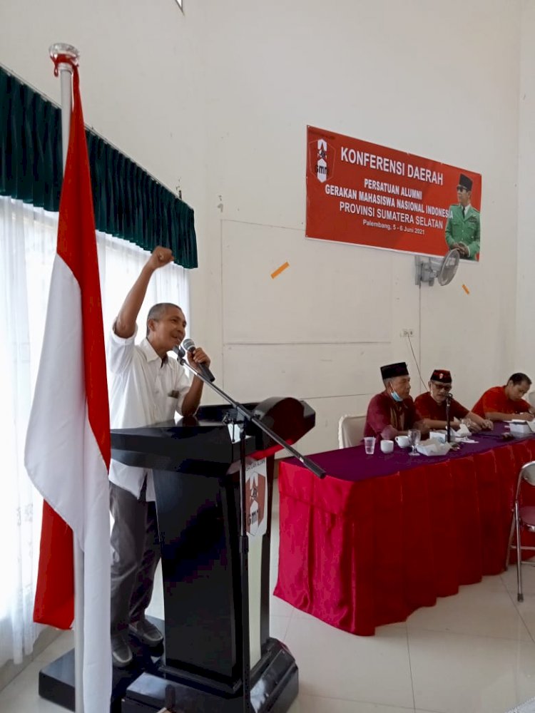 Aris Munandar menyampaikan sambutan usai terpilih sebagai Ketua PA GMNI Provinsi Sumatra Selatan hasil Konferda. (rmolsumsel.id/Dudy Oskandar)