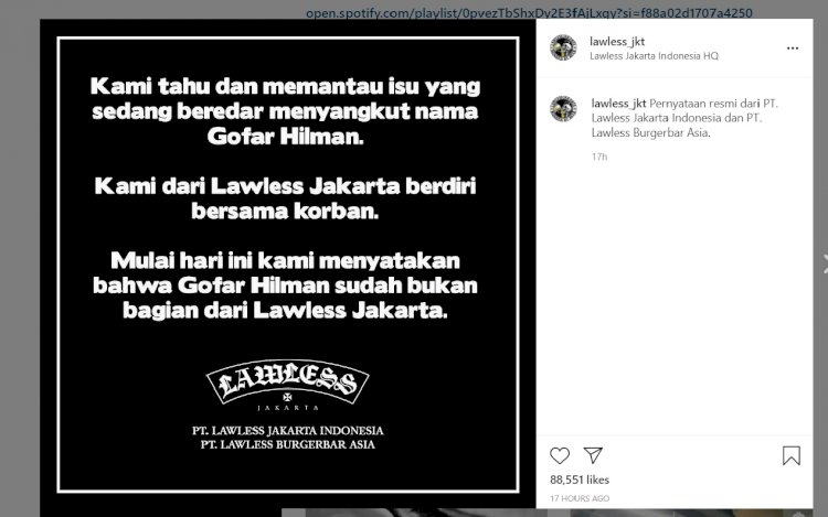 Tangkapan layar instagram @lawless_jkt terkait Gofar Hilman. (net)