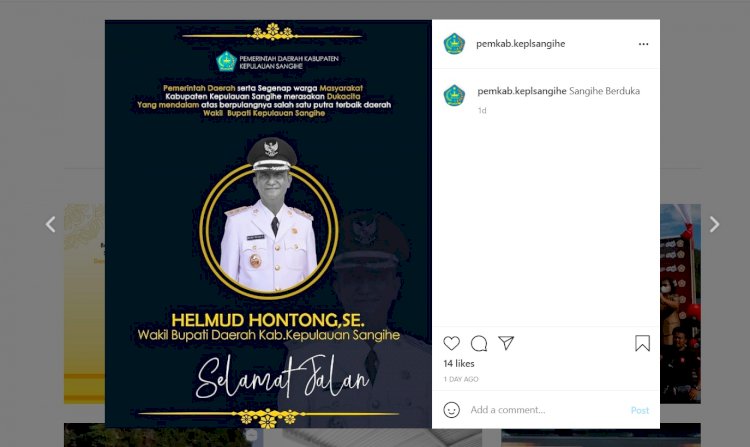 Tangkapan layar ucapan duka cita Pemkab Sangihe. (instagram)