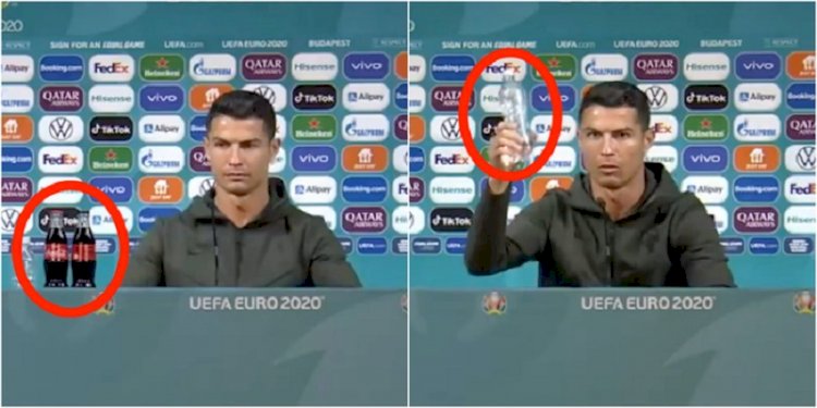 Aksi Cristiano Ronaldo memindahkan botol coca cola. UEFA memperingatkan pemain agar tidak ada lagi kejadian serupa. (rmol.id)