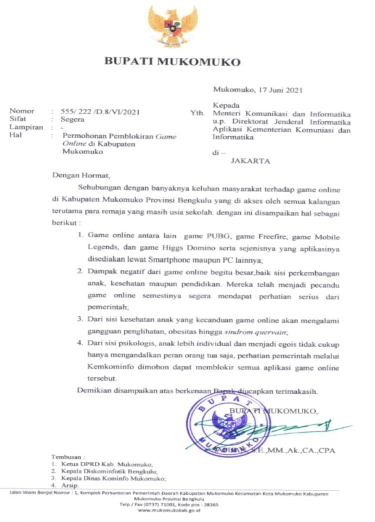 Surat Bupati UntukMenteri Kominfo/rmolbengkulu.id