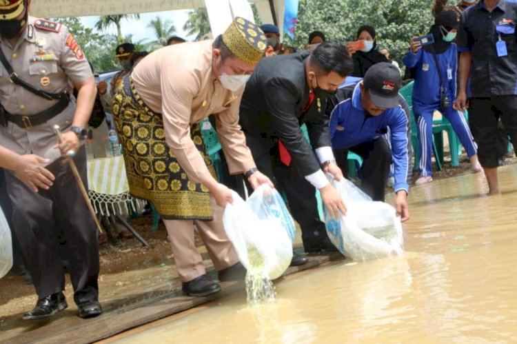 Gubernur Sumsel Herman Deru saat menabur benih ikan di Sungai Rawas. (Humas Provinsi Sumsel/rmolsumsel.id)