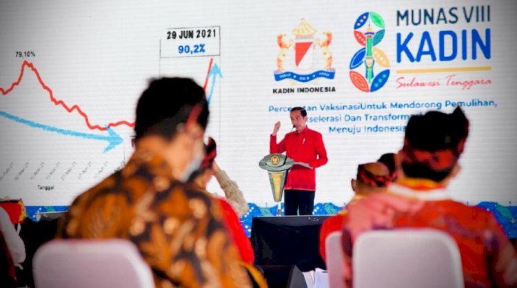 Presiden Joko Widodo memberikan sambutan pada Munas VIII Kadin di Kota Kendari, Provinsi Sulawesi Tenggara. (BPMI Setpres/rmolsumsel.id)