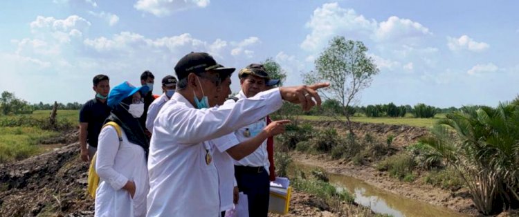 Wakil Bupati Banyuasin Slamet Somosentono saat meninjau proyek Rehabilitasi Daerah Irigasi Rawa di Desa Sebalik, Kecamatan Tanjung Lago. (Humas Pemkab Banyuasin/rmolsumsel.id)