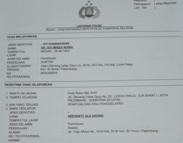  Bukti Surat Laporan Polisi atas dugaan penipuan dan penggelapan kepada Heryanty yang dilayangkan dr Siti Mirza Muria ke Polda Sumsel, Selasa (3/8) lalu. (ist/rmolsumsel.id)