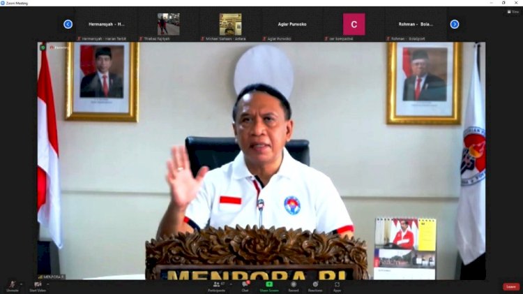 Menpora RI Zainudin Amali saat jumpa pers dengan media secara virtual dari kantor Kemenpora Senayan, Jakarta. (Kemenpora/rmolsumsel.id)