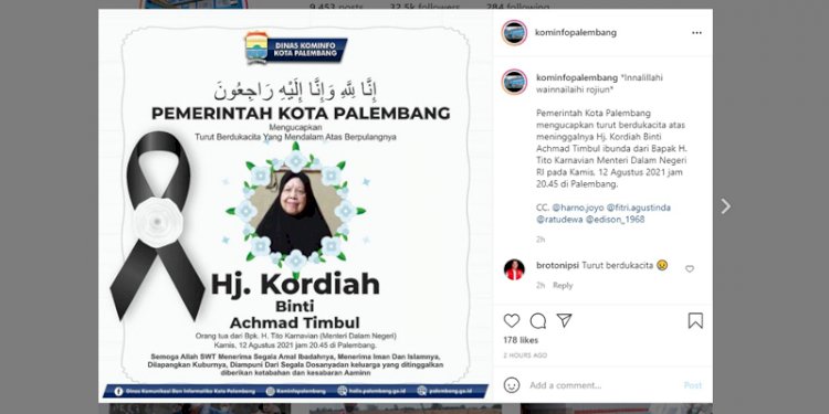 Ucapan duka cita atas meninggalnya ibunda Mendagri Tito Karnavian dari Pemkot Palembang. (net/rmolsumsel.id)