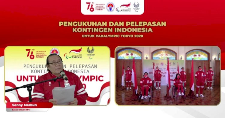 Ketua NPC Indonesia Senny Marbun menyampaikan laporan pada pengukuhan dan pelepasan Kontingen Indonesia ke Paralimpiade Tokyo 2020. (Kemenpora/rmolsumsel.id)