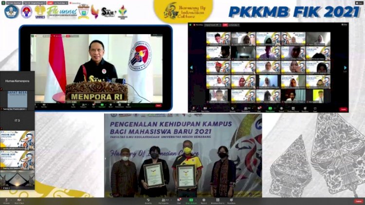 Tangkapan layar penyerahan Rekor MURI untuk Menpora RI Zainudin Amali dan FIK Unnes atas pelaksanaan Senam Stay at Home. (Kemenpora/rmolsumsel.id)  