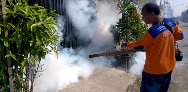 Petugas melakukan kegiatan fogging ke rumah warga untuk membunuh nyamuk. (ist/rmolsumsel.id)