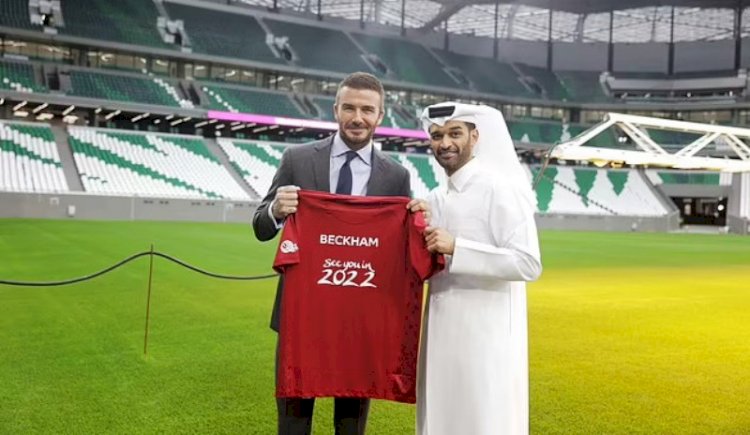 David Beckham saat menjalani sesi foto di salah satu stadion yang akan digunakan untuk Piala Dunia 2022 Qatar. (Net/rmolsumsel.id) 
