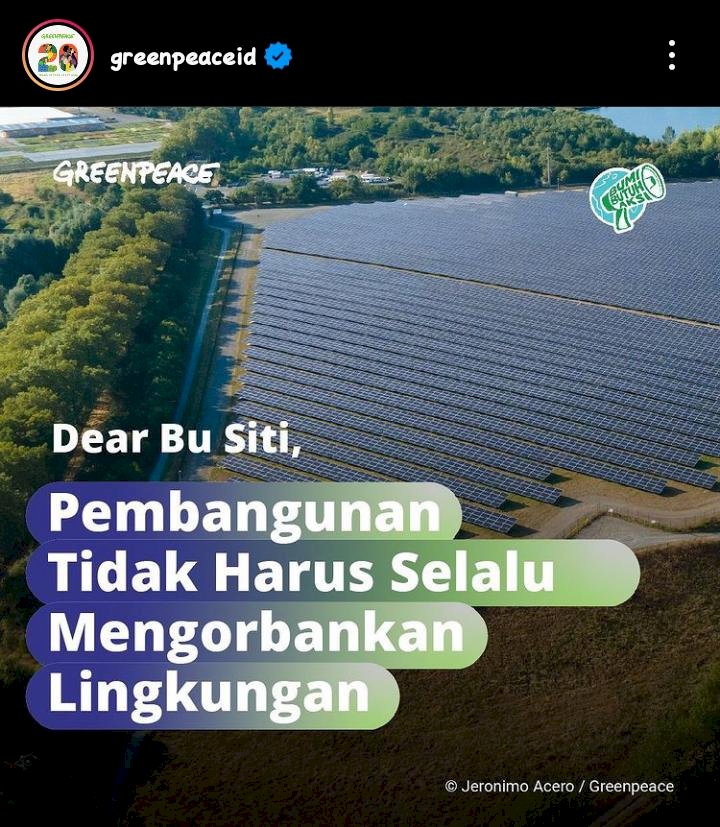 Tangkapan layar respon Greenpeace Indonesia. (Istimewa/rmolsumsel.id)