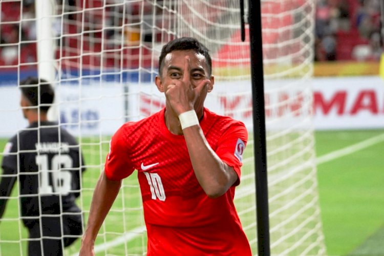 Penyerang Singapura Faris Ramli melakukan selebrasi usai mencetak gol ke gawang Filipina, Rabu malam (8/12). (AFF Suzuki Cup 2020/rmolsumsel.id)