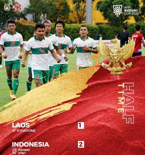 Indonesia unggul tipis atas Laos di babak pertama laga lanjutan Piala AFF Suzuki 2020, Minggu sore (12/12). (Instagram/pssi/rmolsumsel.id) 