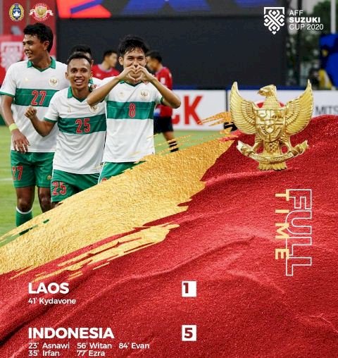 Indonesia menang 5-1 atas Laos di Piala AFF Suzuki 2020, Minggu sore (12/12). (Instagram/pssi/rmolsumsel.id)
