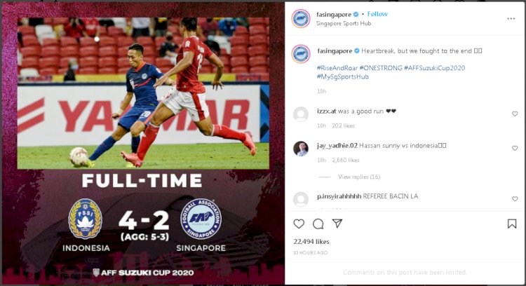 Postingan di Instagram FA Singapore yang banjir dukungan kepada timnas Singapura meski dikalahkan Indonesia. (Instagram/fasingapore/rmolsumsel.id) 