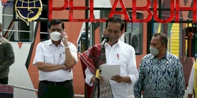 Menko Marvest Luhut Binsar Pandjaitan berbincang di telepon saat Presiden Joko Widodo berpidato di Sumatera Utara, Rabu (2/2). (Net/rmolsumsel.id)