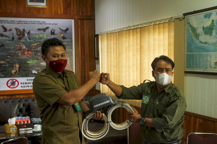 Penyerahan GPS Collar dari PJHS dan OKI Pulp Paper kepada BKSDA Sumsel. (Humaidy Kennedy/rmolsumsel.id)