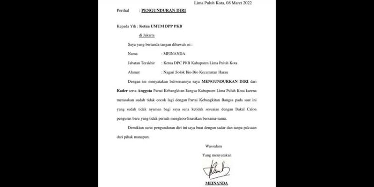 Surat pengunduran diri Ketua DPC PKB Kabupaten Limapuluh Kota, Sumatera Barat, Meinanda/Ist