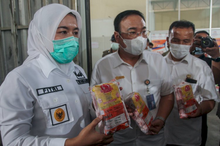 Wawako Palembang Fitrianti Agustinda (Kiri) bersama Kepala Perum Bulog Sumsel Babel, Eko Hari Kuncahyo (Tengah) memeriksa stok daging kerbau beku. (Humaidy Aditya Kenedy/Rmolsumsel.id). 