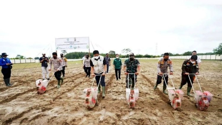 Bupati OKU Timur Lanosin bersama Forkopimda menanam jagung di lahan Aspol Polres OKU Timur, Rabu (16/3). (Diskominfo OKU Timur/rmolsumsel.id)
