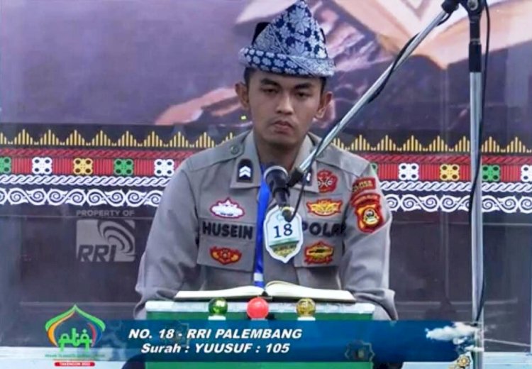 Briptu Muhammad Husein anggota Polsek Talang Kelapa menjadi wakil Sumsel di PTQ RRI tingkat Nasional tahun 2022. (RRI/rmolsumsel.id)