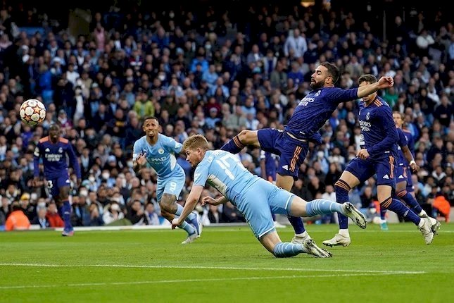 Kevin De Bruyne di laga Manchester City vs Real Madrid, Liga Champions 2021/22 (c) AP Photo. 