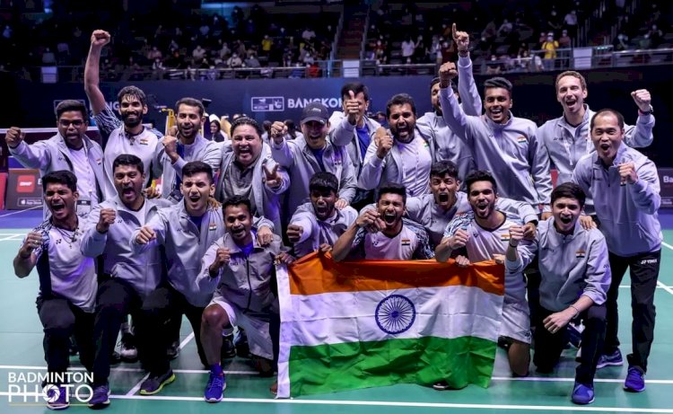 Tim India memenangkan Thomas Cup 2022 yang merupakan gelar pertama mereka dalam sejarah partisipasinya di gelaran Thomas Cup. (Badminton Photo/rmolsumsel.id)