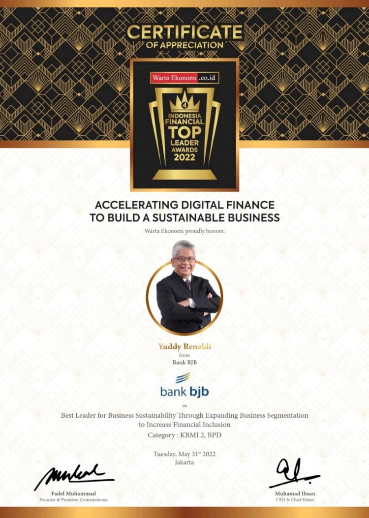 Indonesia Financial Top Leader Award 2022: Dirut bank bjb Yuddy Renaldi Raih Award Pemimpin Terbaik./Ist