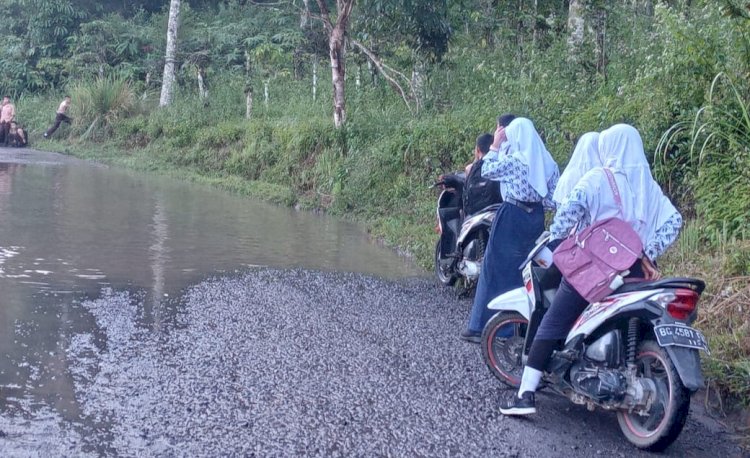 Beberapa siswa kesulitan melintas, karena genangan air di tengah jalan di kawasan Tebat Rumung, Semendo Darat Tengah. (Noviansyah/rmolsumsel.id)