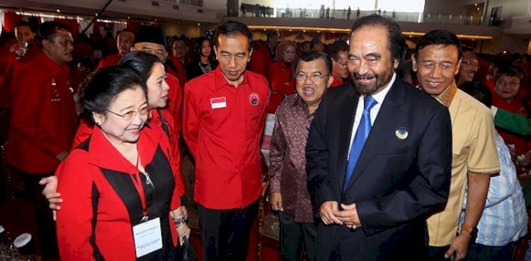  Ketua Umum PDIP Megawati Soekarnoputri dan Ketua Umum Partai Nasdem Surya Paloh, Presiden Jokowi, Jusuf Kalla/Net