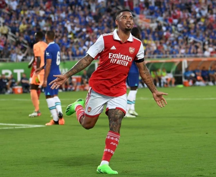 Selebrasi penyerang Arsenal Gabriel Jesus  usai mencetak gol di turnamen Pramusim/net