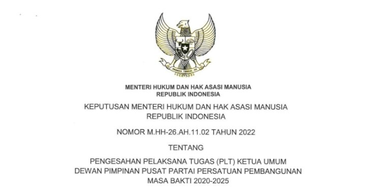 Kementerian Hukum dan HAM yang telah mengesahkan Muhammad Mardiono sebagai Pelaksana Tugas (Plt) Ketua Umum PPP/Repro