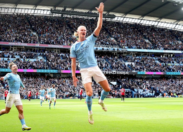 Selebrasi Erling Haaland usai mencetak gol ke gawang  Manchester United/ist