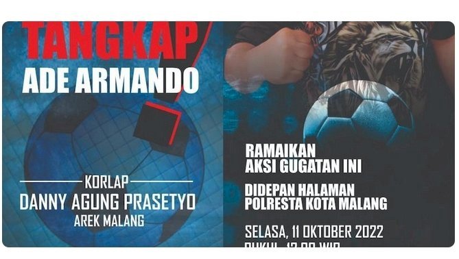 Flayer rencana aksi Aremania menuntu Ade Armando ditangkap. (ist/rmolsumsel.id)
