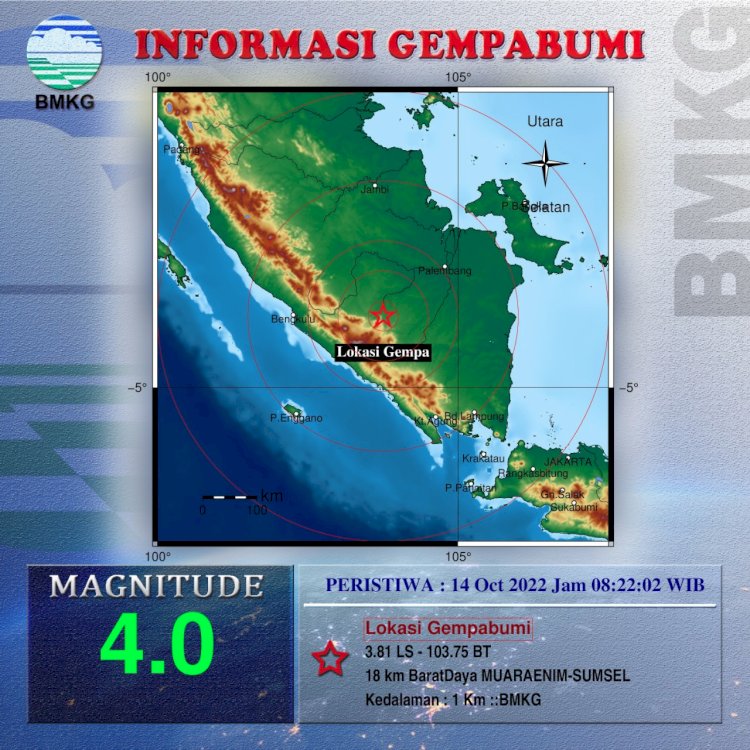 informasi gempa 4,0 Magnitudo di Kabupaten Muara Enim, Sumatera Selatan. (ist/BMKG)