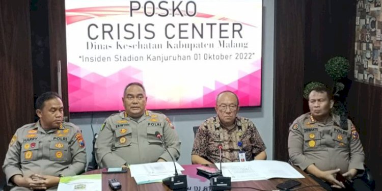 Kadinkes Malang Wiyanto Wijoyo bersama kepolisian dalam konferensi pers di Posko Crisis Center/Ist