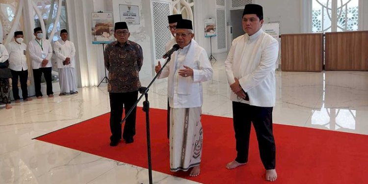 Wapres Maruf Amin saat memberikan sambutan peringatan Hari Santri Nasional Tahun 2022 di Masjid At Thohir, Jalan M. Thohir, Depok, Jawa Barat, Senin (31/10)/Net