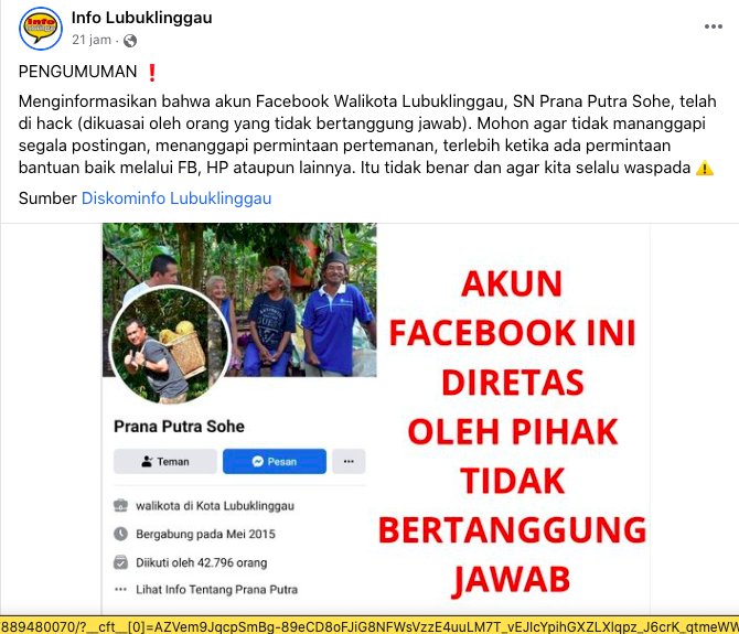 Akun Facebook Walikota Lubuklinggau diretas. (Tangkapan Layar Facebook)