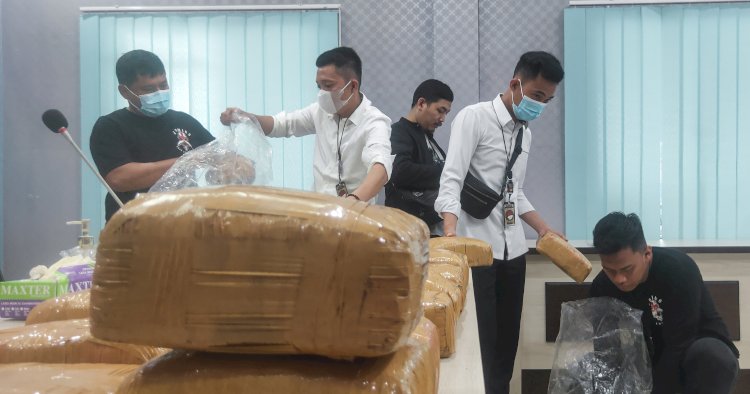 Sejumlah anggota Satres Narkoba Polresta Palembang memasukan barang bukti ganja kering usai press release di Mapolresta Palembang, Senin (30/1/2023). (Adam Rachman/Rmolsumsel.id)