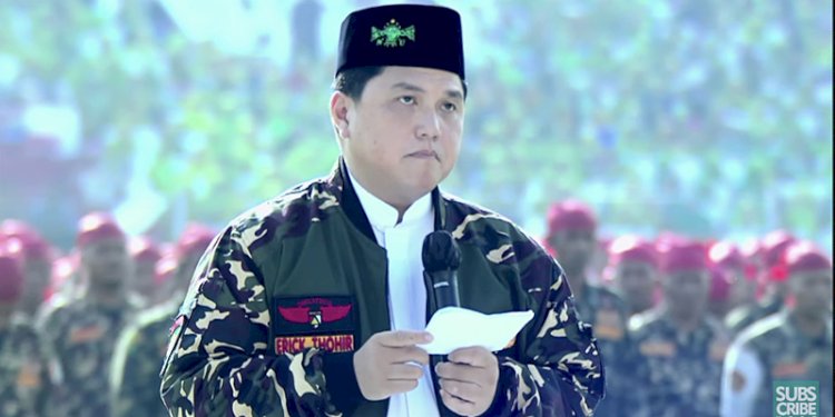  Erick Thohir saat menyampaikan laporan sebagai Ketua Pelaksana Peringatan 1 Abad Nahdlatul Ulama (NU) di Stadion Deltras Sidoarjo, Jawa Timur/Net