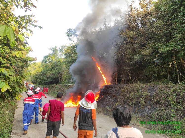 Kebakaran pipa gas milik Pertamina yang berlangsung di Desa Suka Damai, kecamatan Talang Ubi, Kabupaten PALI, Sumatera Selatan, Minggu (5/3). (Ist)