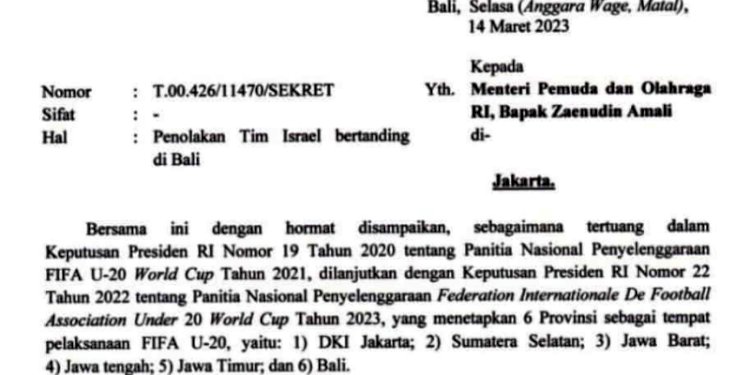 Surat Gubernur Bali I Wayan Koster kepada Menteri Pemuda dan Olahraga (Menpora)/Net