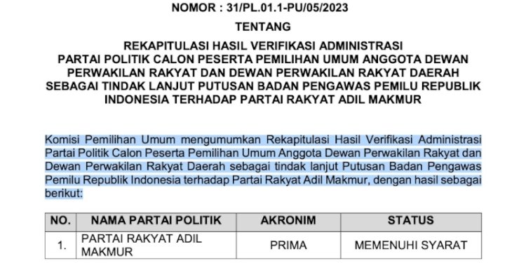 Verifikasi administrasi perbaikan Partai Rakyat Adil Makmur (Prima) penuhi syarat/Repro