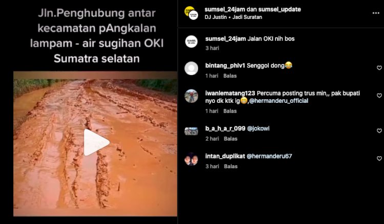 Kondisi jalan rusak di OKI yang keluhkan warga ramai diposting di media sosial. (Tangkapan Layar)