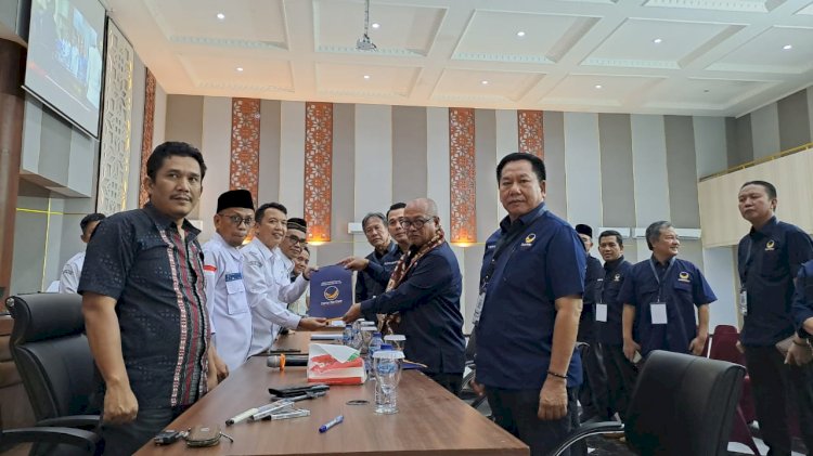 Sekrtaris DPW Partai NasDem Sumsel Syamsul Bahri menyerahkan berkas pendaftaran nama-nama bacaleg ke KPU Sumsel.(ist/rmolsumsel.id)