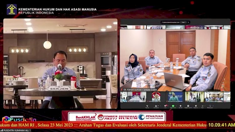 Kepala Kantor Wilayah Kementerian Hukum dan HAM Sumatera Selatan, Ilham Djaya beserta para jajaran mengikuti Arahan Tugas dan Evaluasi oleh  Sekretaris Jenderal, Andap Budhi Revianto/ist