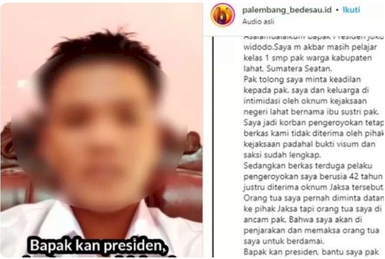 MA siswa SMP Lahat yang mengaku diancam oknum Jaksa. (tangkapan Layar Instagram)