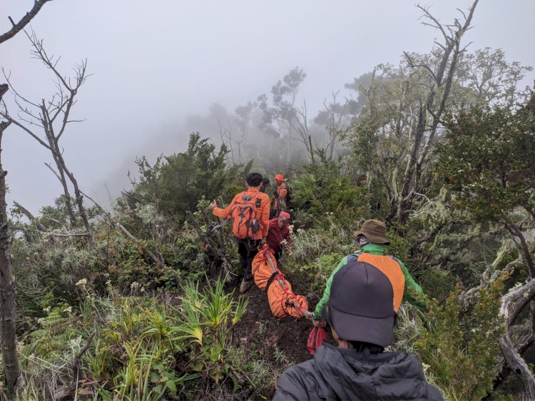 Jenazah Sulaiman bin Samsudin (41) warga Desa Sumber Karya Gumay saat di evakuasi dari puncak Dempo oleh tim SAR gabungan Pagar Alam. (ist/rmolsumsel.id) 